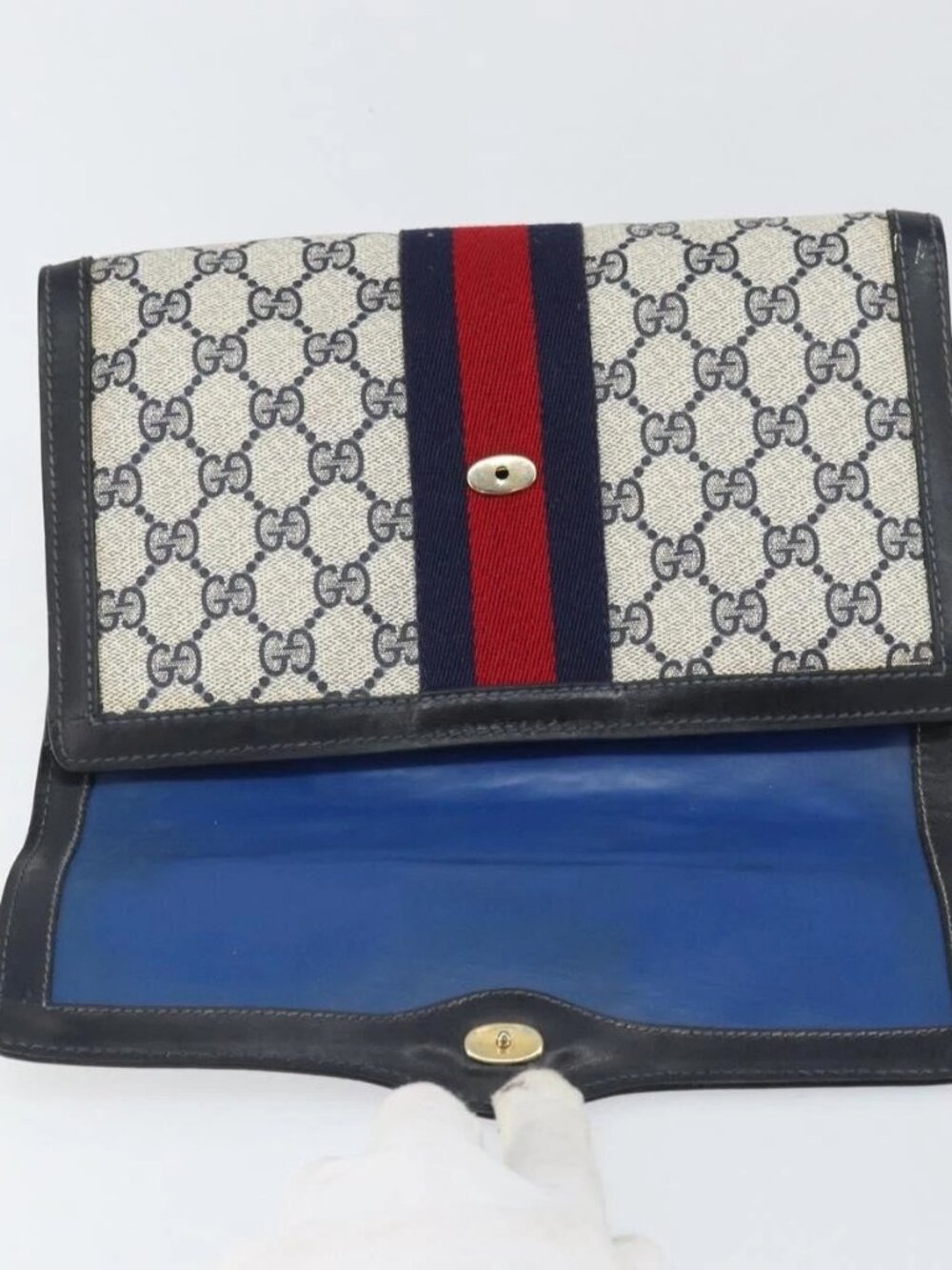 GUCCI GG Supreme Sherry Line Clutch Bag PVC Navy Gold 3 - Picture 12 of 16